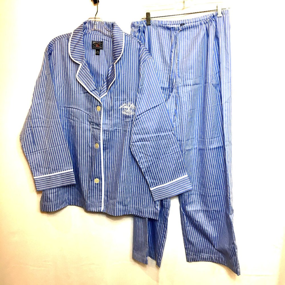 American Living Blue & White Striped Cotton Pajama Set with Contrast Piping